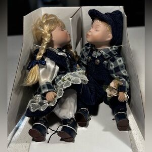 Porcelain Doll Couple in Blue and White Outfits